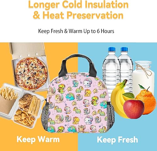 Miniatura 6 de Lonchera de dinosaurio para niños, lonchera aislada para niñas, lindas bolsas de almuerzo rosadas con correa para el hombro, pequeña bolsa