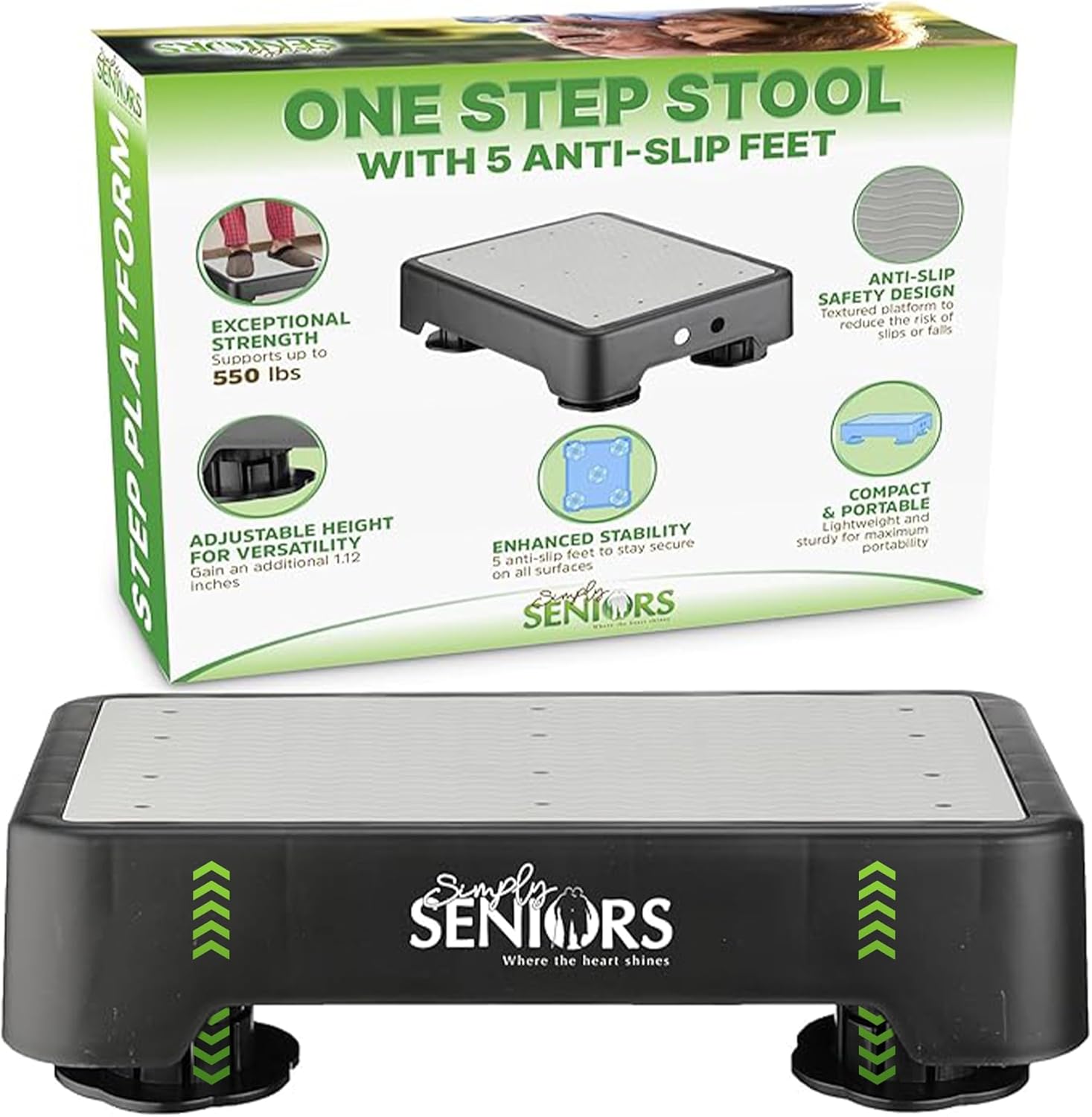 SimplySeniors Heavy Duty One Step Stool for Seniors - 550 lbs Capacity, Adjustable Height, Anti-Slip Portable Mobility Aid for Adults, Beds, Kitchen, Bathroom