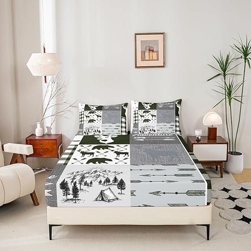 Miniatura 84 de Sábana bajera ajustable de oso de caza, juego de ropa de cama a cuadros de búfalo, sábanas de retazos de cabaña rústica para niños, niños, Multi