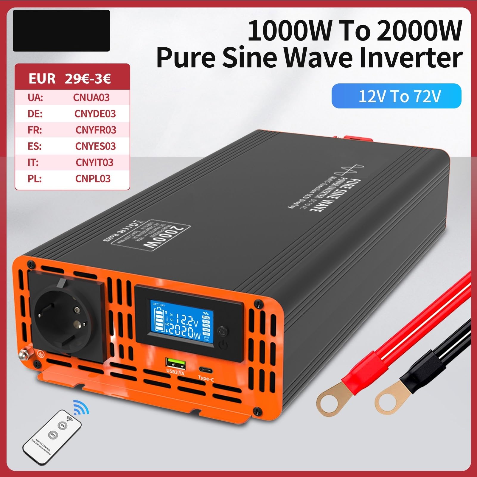 Inversor de onda sinusoidal pura de la serie PSW de la UE, 4000 W, inversor de potencia de CC de 12 V ~ 72 V a CA de 220 V ~ 240 V, inversor solar de potencia continua de 2000 W(Inverter 1000W,DC24V_A
