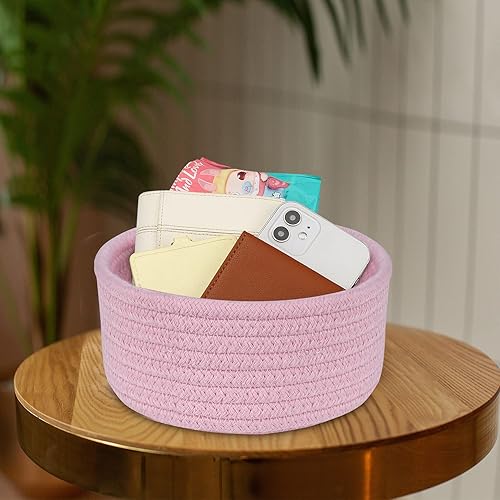 Miniatura 3 de ABenkle Cesta tejida pequeña, cestas de almacenamiento pequeñas y poco profundas, mini cestas de cuerda de algodón, cesta decorativa redonda, cesta