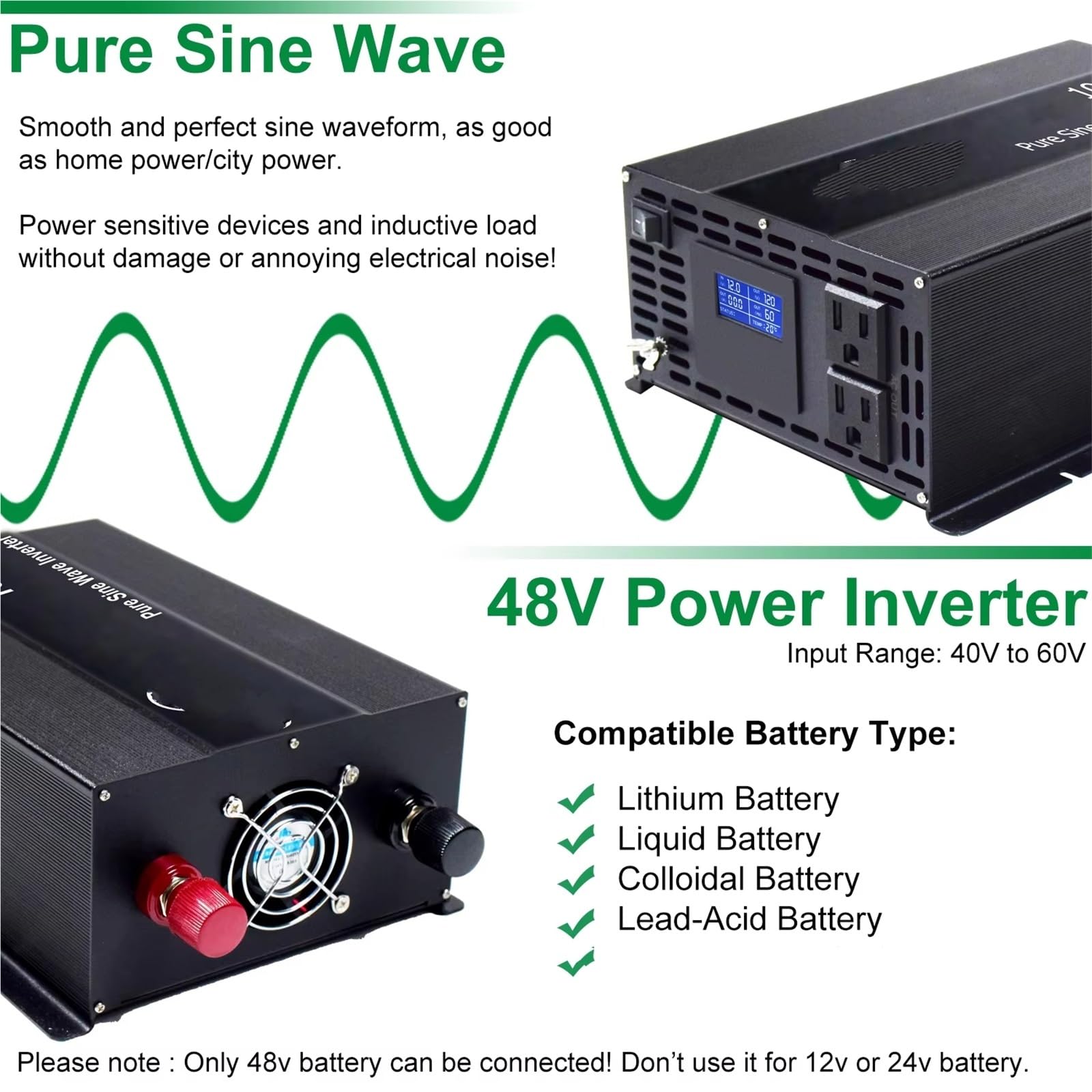 Inversor Inversor Solar Onda Sinusoidal Pura 2000W Potencia Máxima 1000W 12V/24V/36V/48V CC A 120V/220V/230V/240V CA Convertidor Voltaje(12V,100V)
