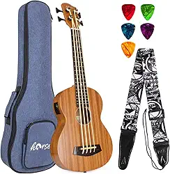 lotmusic Ukulele de baixo acústico elétrico de 76 cm africano de madeira negra profissional EADG com alça Gig Bag para iniciantes e avançados.