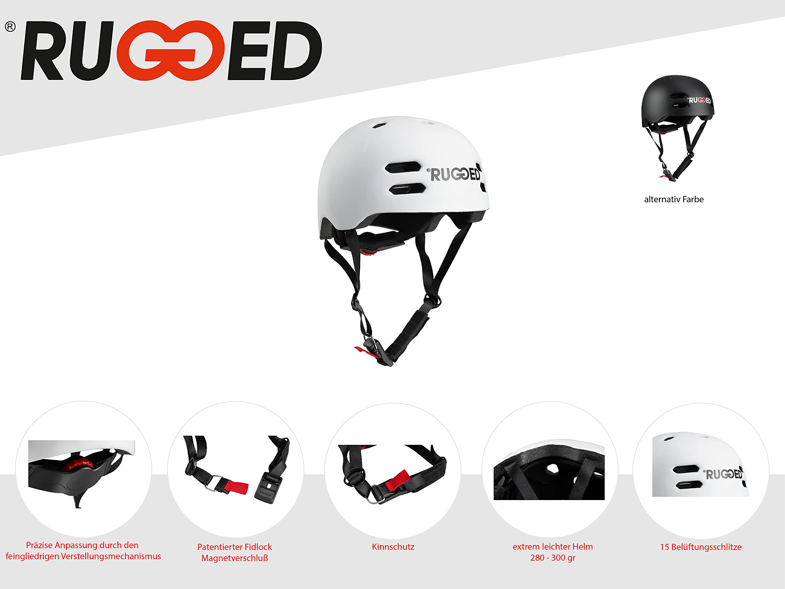 Rugged Casque pour scooter cascade, skateboard adulte, roller, vélo - Casque de skate réglable (M (55-58 cm), blanc)