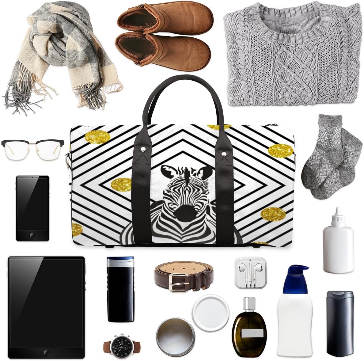 Zebras Dot Rhombus Travel Duffel Bag for Women Men Large Capacity Overnight Weekender Bags for Lightweight Waterproof Sport Gym Bag for Workout Yoga Swim