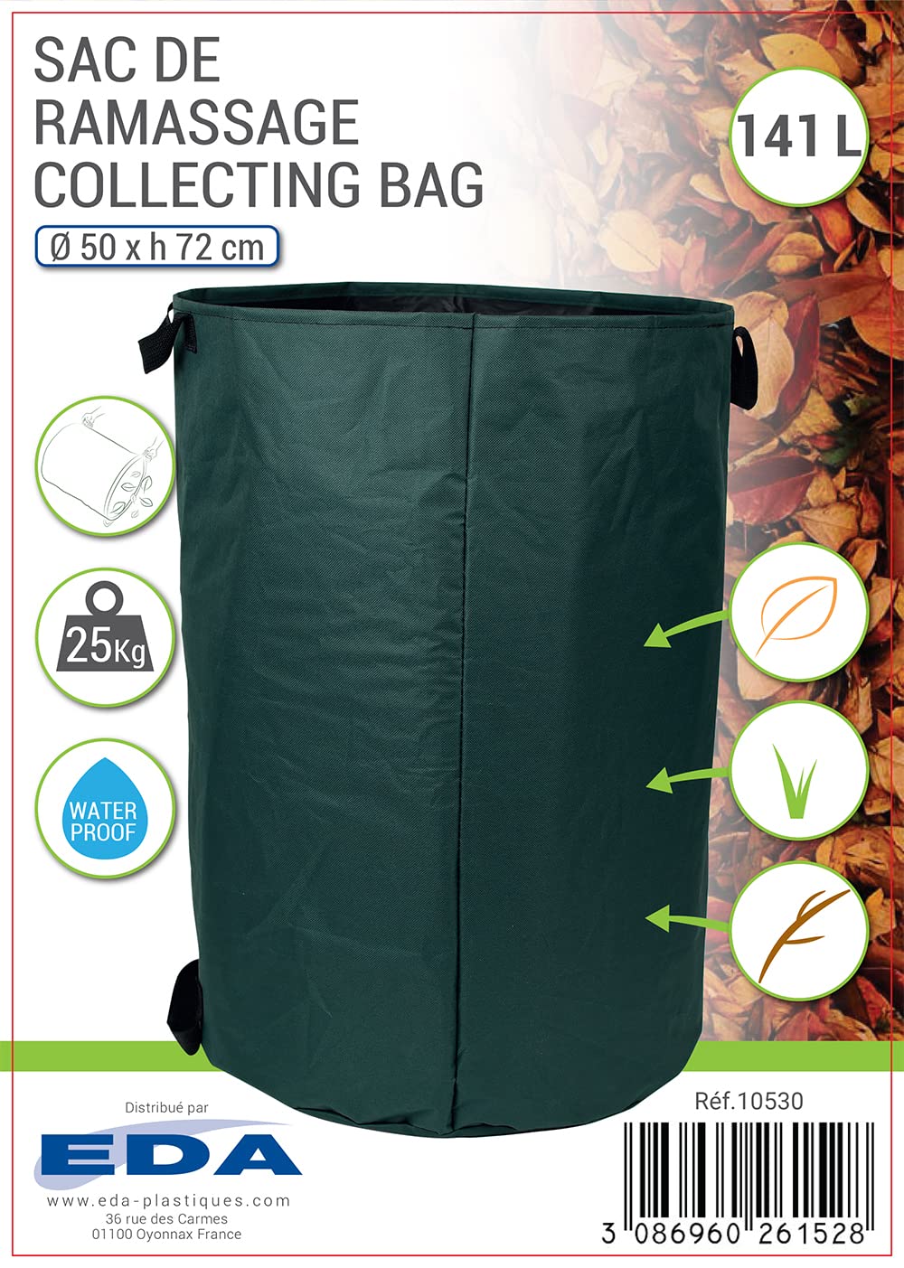 EDA - Sac de Ramassage 141 L - Sac à Déchets de Jardin - Waterproof - 3 Anses - Ø 50 x H.72 cm - Vert