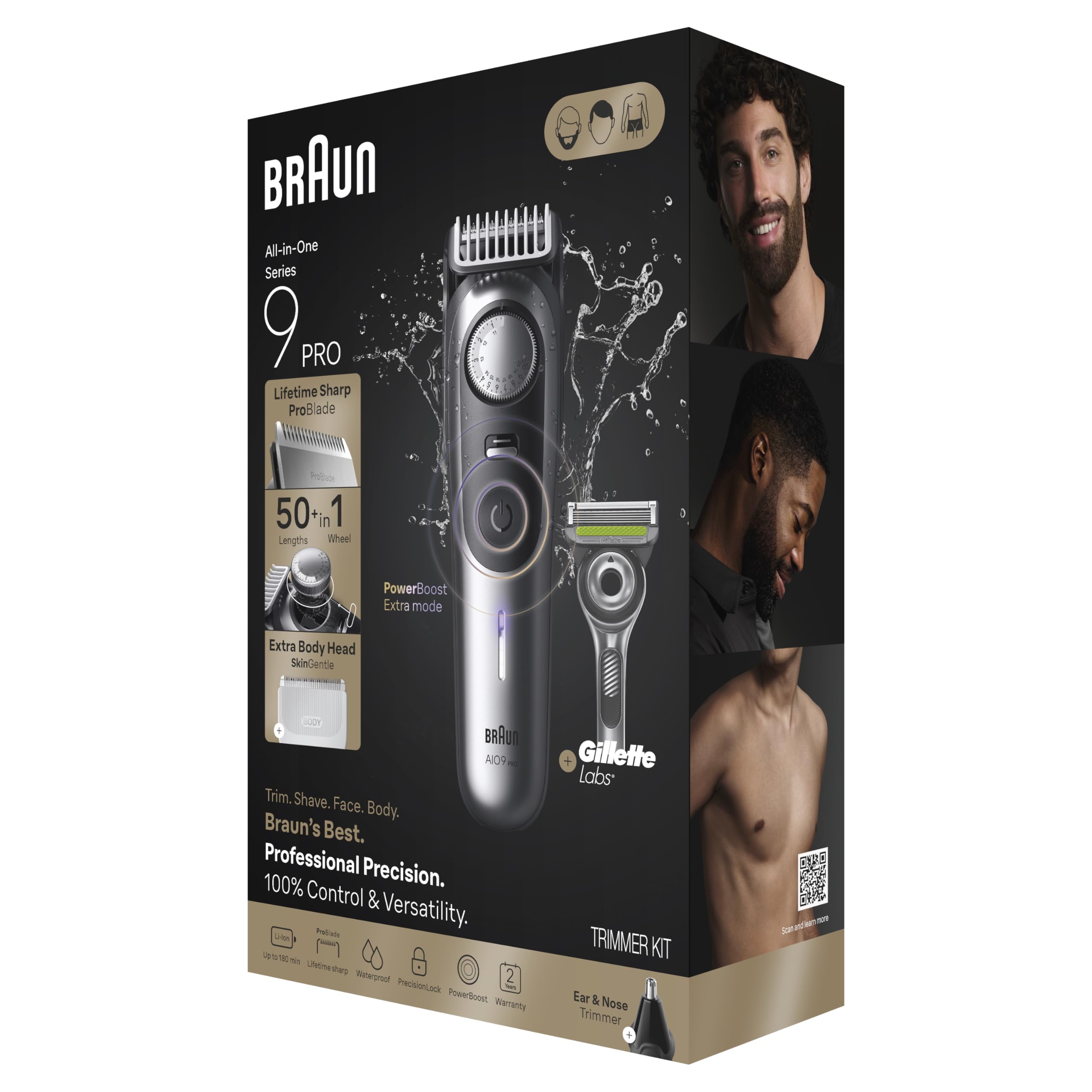 Braun Series 9 PRO All-in-One Beard & Body Grooming Kit for Men, Cordless Trimmer, Hair Clippers & Shaver for Face, Hair & Body with Gillette Labs Razor, AIO 9550