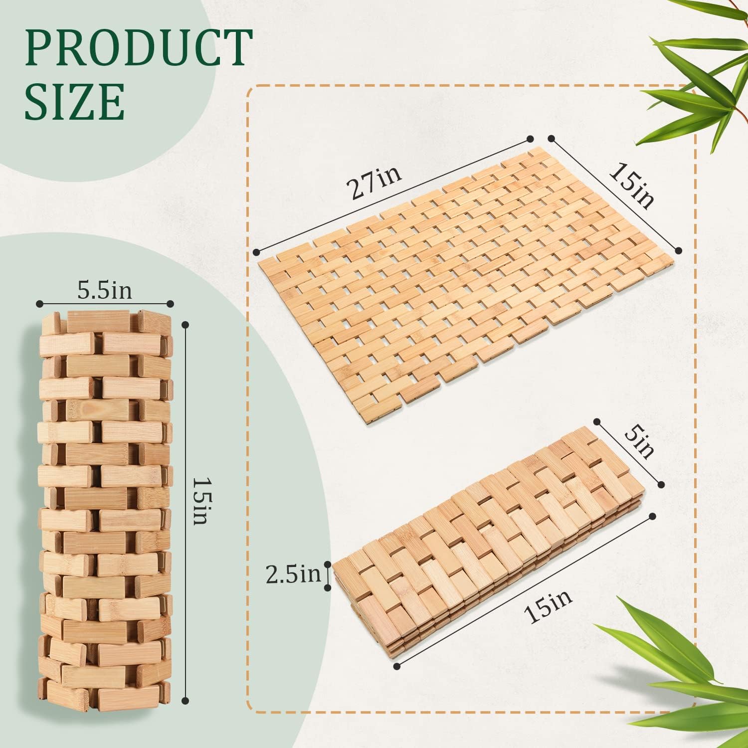 downluxe Bamboo Bath Mat for Bathroom - Waterproof Bamboo Shower Mat Non Slip, Foldable Bathroom Floor Mat for Indoor & Outdoor (Natural Color, 15" X 27", Medium)