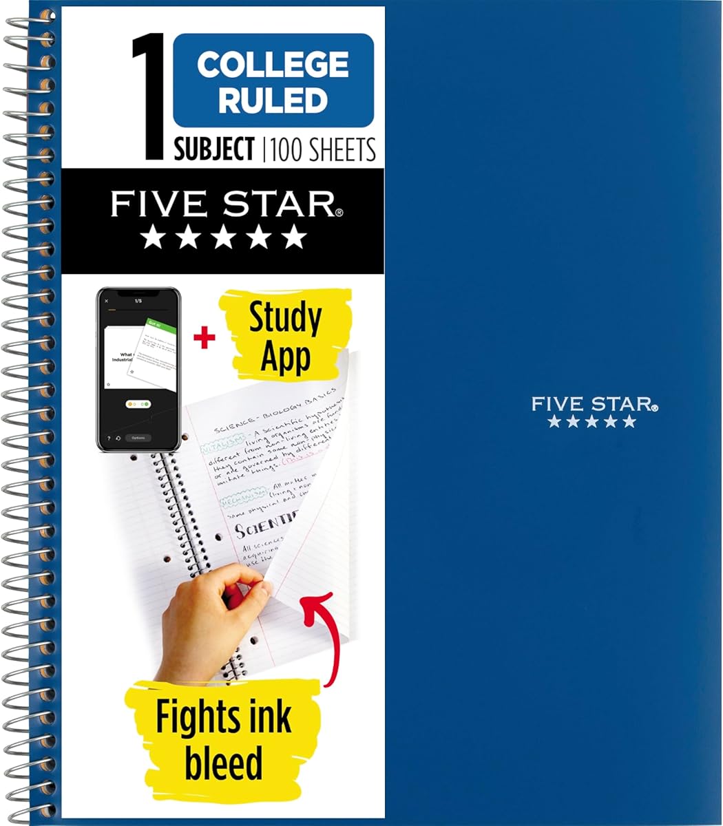 Amazon.com : Five Star Spiral Notebook + Study App, 1 Subject, College Ruled Paper, 8-1/2" x 11", 100 Sheets, Fights Ink Bleed, Water Resistant Cover, Pacific Blue (72565) : Writing Notebook : Office Products