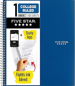 Five Star Spiral Notebook + Study App, 1 Subject, College Ruled Paper, 8-1/2" x 11", 100 Sheets, Fights Ink Bleed, Water Resistant Cover, Pacific Blue (72565)