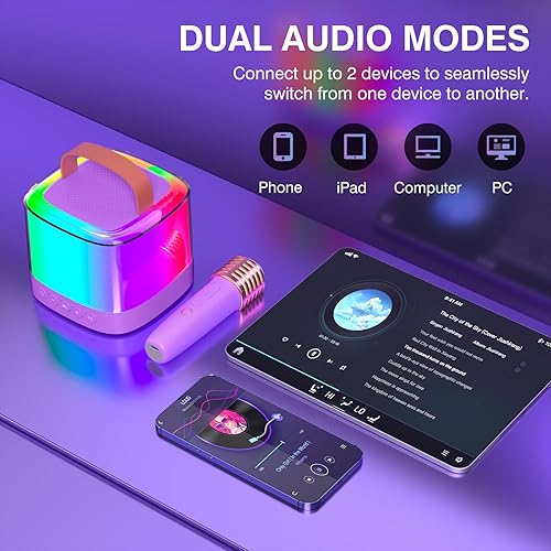 Miniatura 11 de Mini máquina de karaoke para niños de 2 a 12 años, altavoz de karaoke inalámbrico portátil con luces LED de fiesta y 2 micrófonos inalámbricos