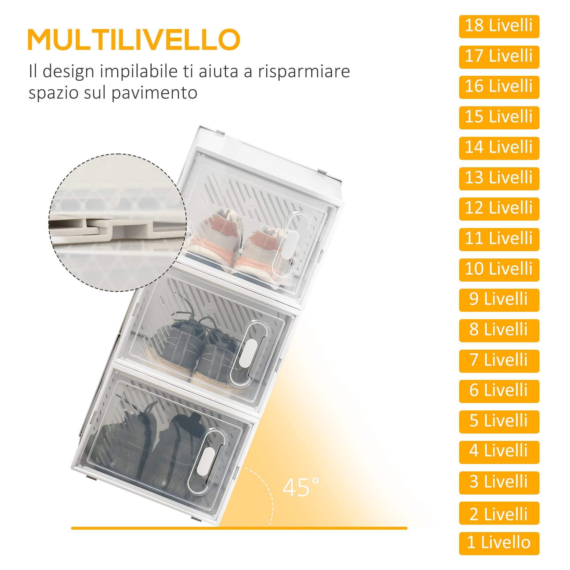 HOMCOM Mobile Scarpiera Modulare Salvaspazio per Interni con Fori di Ventilazione, 18 Cubi 28x36x21cm in Plastica PP, Bianco e Trasparente