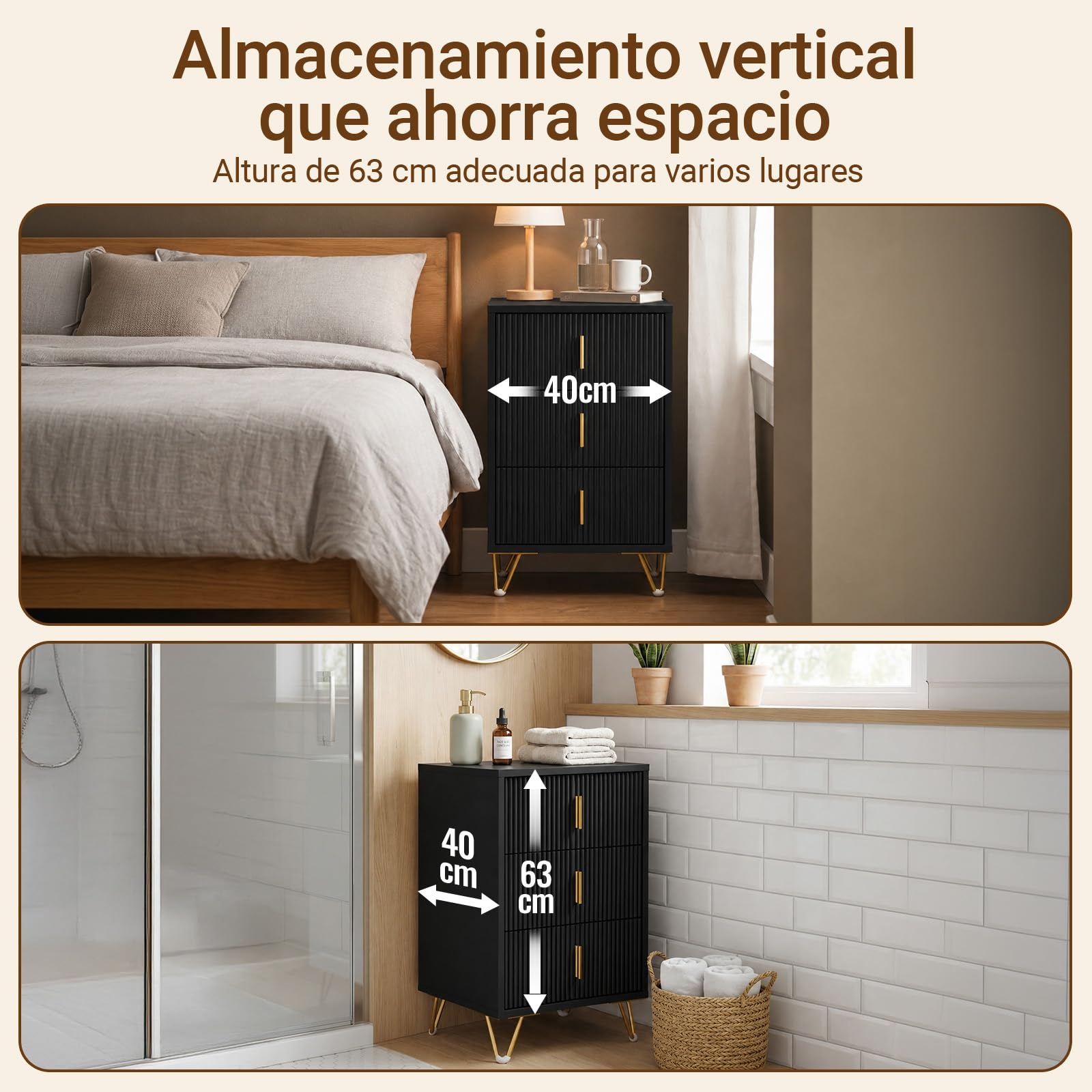 SoBuy Juego de 2 mesitas de Noche con 3 cajones, 40x40x63cm Dormitorio | Altura ergonómica 63 cm y carga 33 kg, mesa auxiliar moderna para espacios pequeños, color negro, FBT115-L-SCHx2