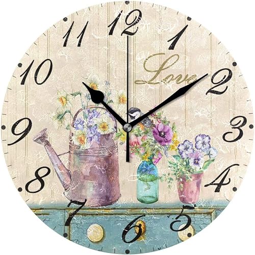 Pfrewn Reloj de pared de girasol de madera, silencioso, sin tictac, con diseño de margarita, colorido, floral, funciona con pilas, acuarela, reloj