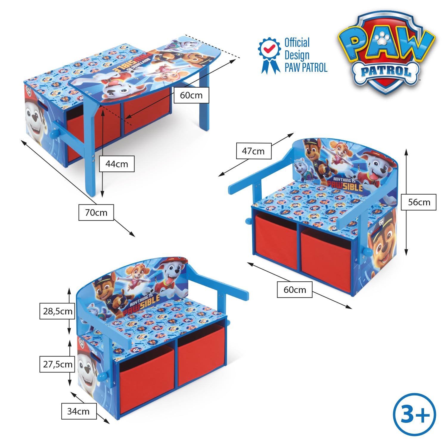 Banc à Jouets 3 en 1 en Bois modèle Paw Patrol