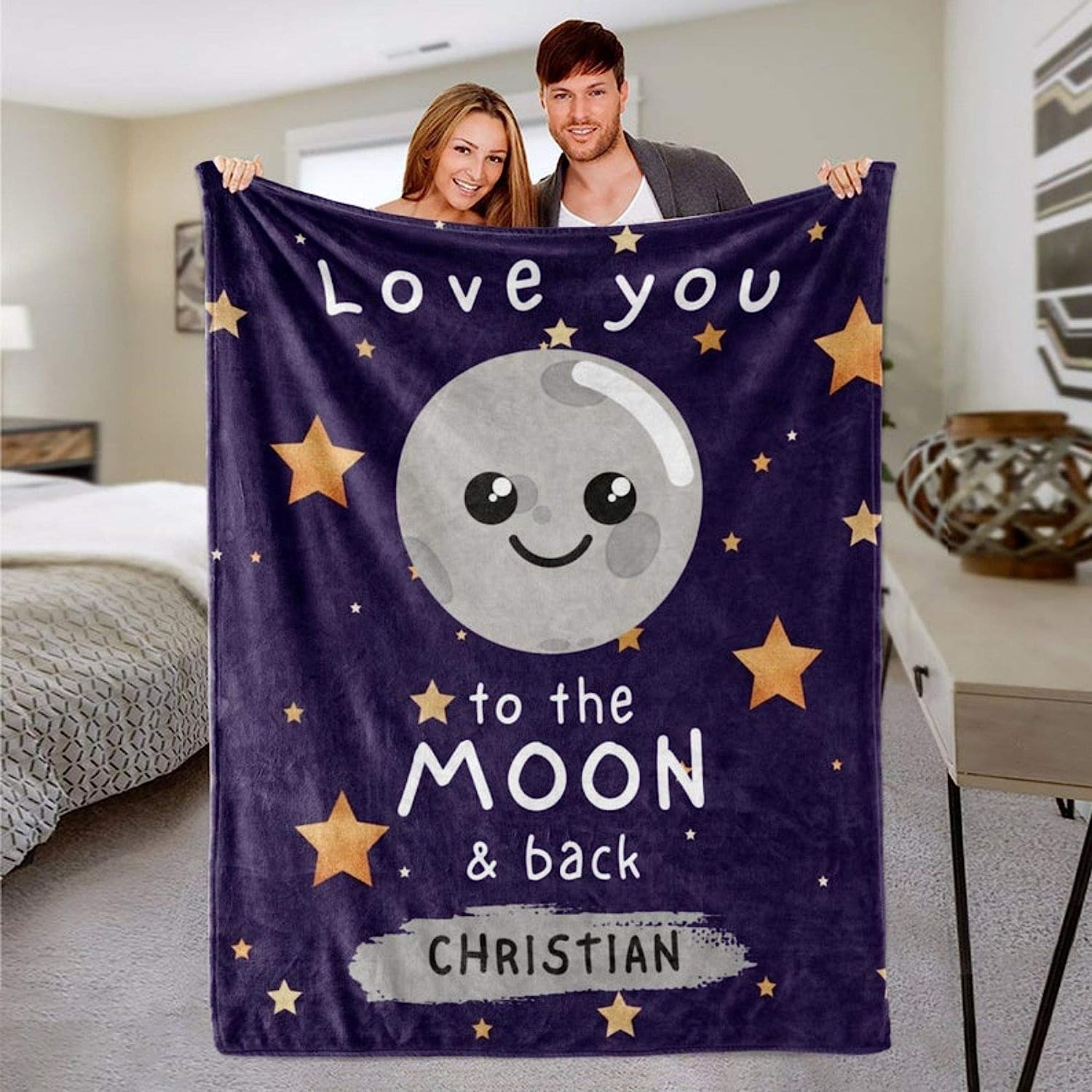 Manta personalizada con nombre de luna y espalda para niños y niñas, manta de forro polar con estrellas y galaxias para niños, artículos esenciales únicos de baby shower para hijo e hija, manta