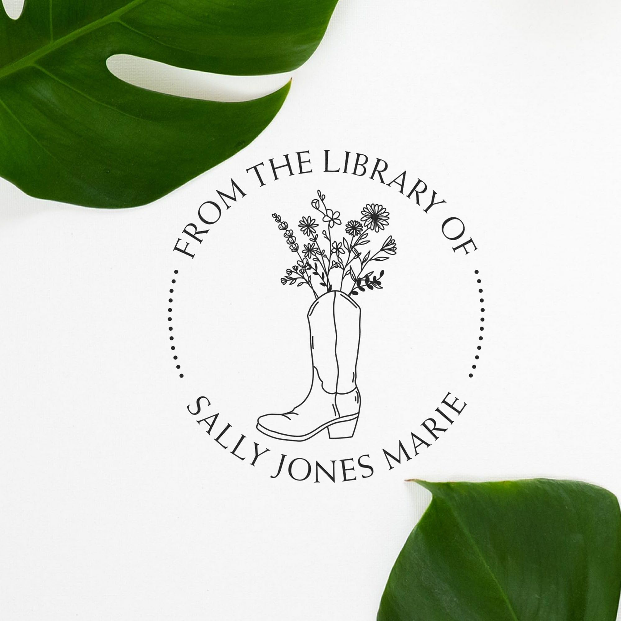 Personalized Bookworm Stamper - Custom Made Book Name Stamp with Wood Handle, Cowboy Boot & Flowers Design, Ideal for Readers - 1-5/8 Custom Wood Stamp