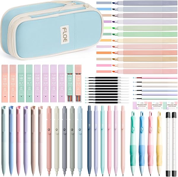 FLOE 65PCS Aesthetic School Supplies with Cute Pencil Case, Pastel Highlighters Gel Pens Mechanical Pencils Set 0.5 0.7