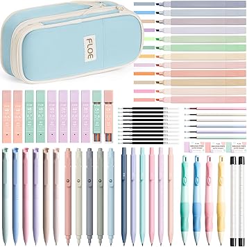 65PCS Aesthetic School Supplies with Cute Pencil Case, Pastel Highlighters Gel Pens Mechanical Pencils Set 0.5 0.7 & 2.0mm, Office Back to School Supplies College Essentials Kit Student Stationary Set