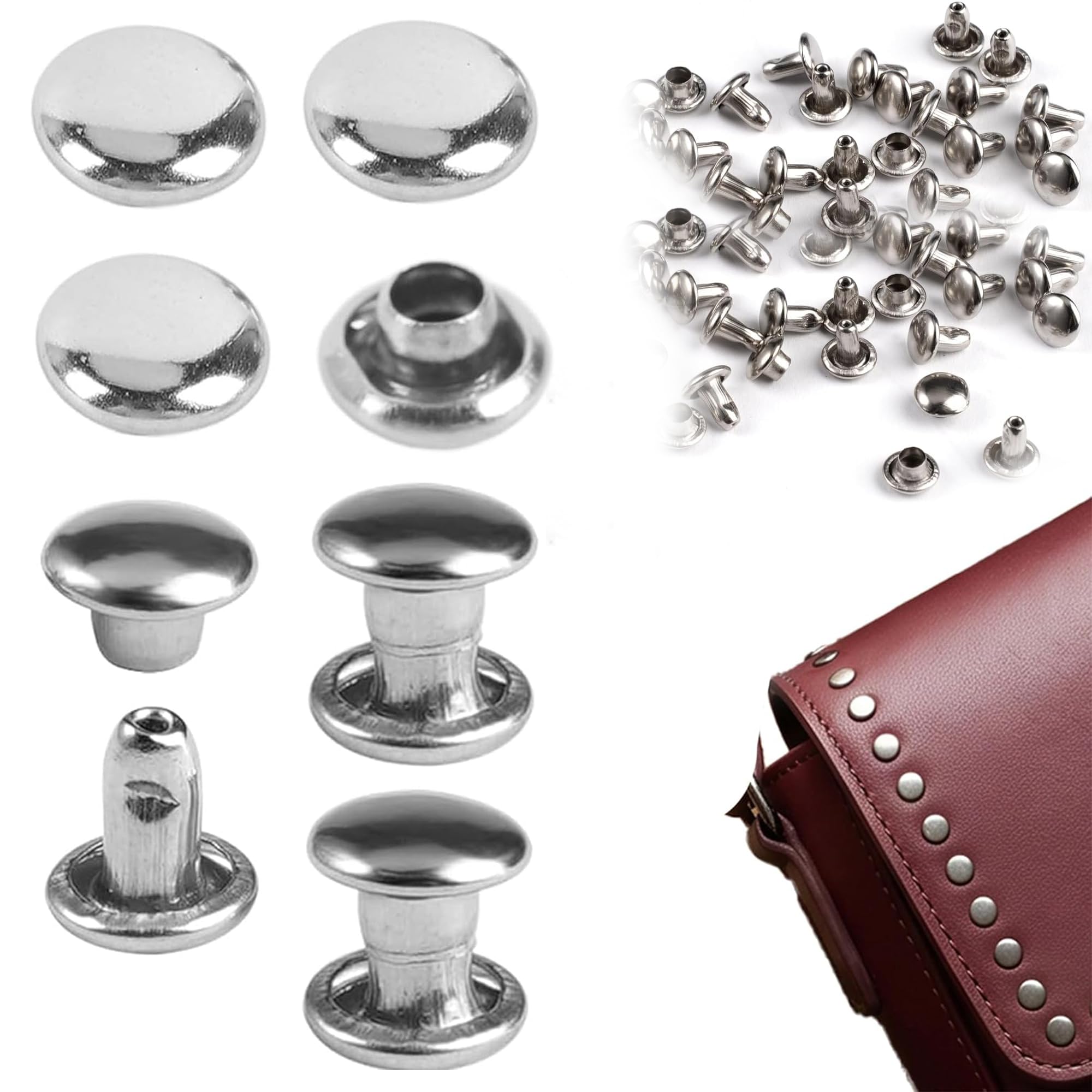 ZIOYANE 300Sets Double Cap Leather Rivets, Stainless Steel Rivet Set for DIY Crafts, Clothing, Shoes & Bags (Silver/6 mm)