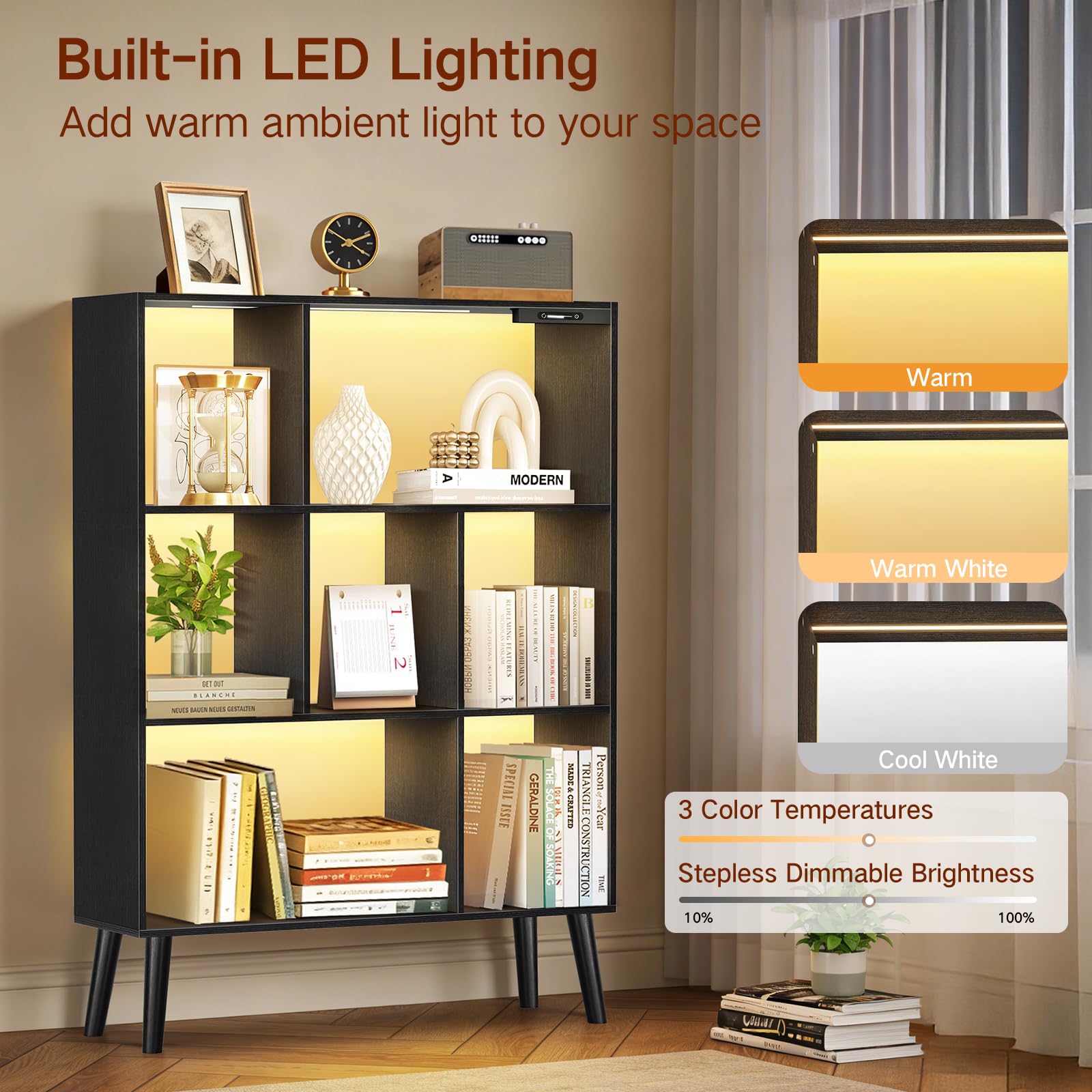 Libreria a 7 Cubi con Luci LED, Controllo Touch e Telecomando, Scaffale Moderno a Terra Dimmabile, Organizer in Legno Aperto per Soggiorno, Camera da Letto e Ufficio