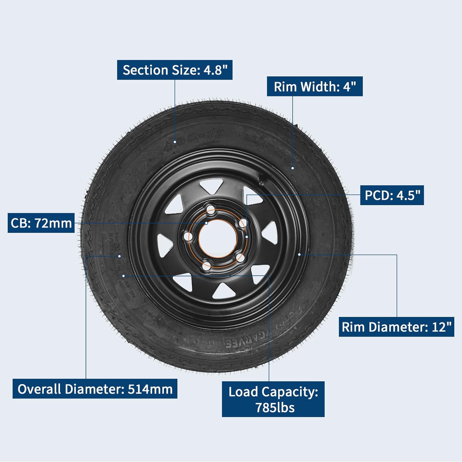 GarveeTech 2-Pack Trailer Tire On Rim 4.80-12 480-12 4.80x12 Trailer Tires and 5 Lug on 4.5 in PCD 12 in Wheels 6PR Black