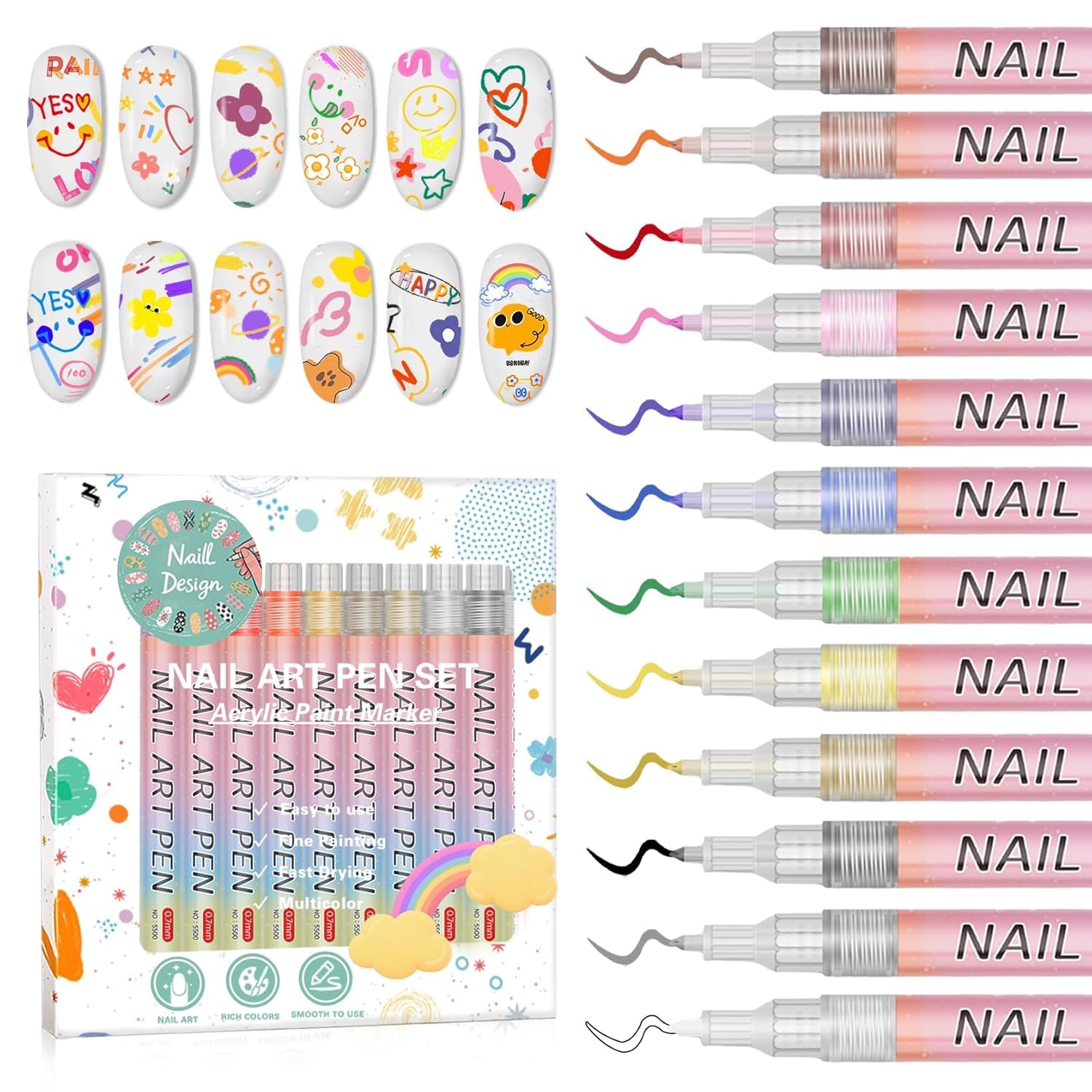 12 Pcs 3D Nail Art Pen Set, 0.7mm Ultra Fine Tip Nail Art Marker Pens, Quick-Dry Waterproof Acrylic Paint Pens for DIY Nail Art, Line Drawing, Dotting & Professional Salon Manicure (12 Colours)-image-26