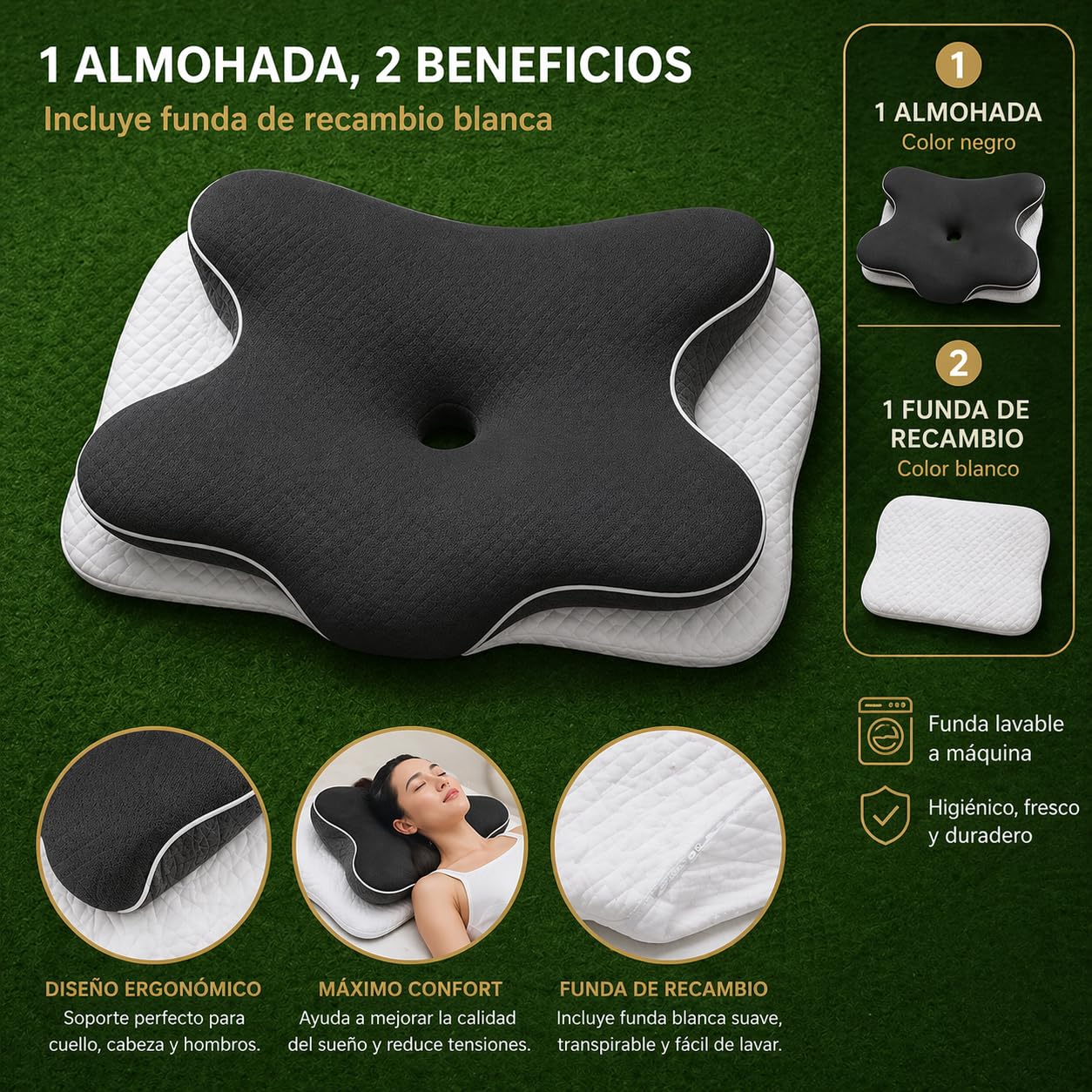 Almohada Cervical y Cuello Viscoelástica Doble Altura - Almohada Ergonómica para Dormir de Lado y Boca Arriba con Hueco para Brazos - Funda Refrescante + Recambio Lavable, Reversible