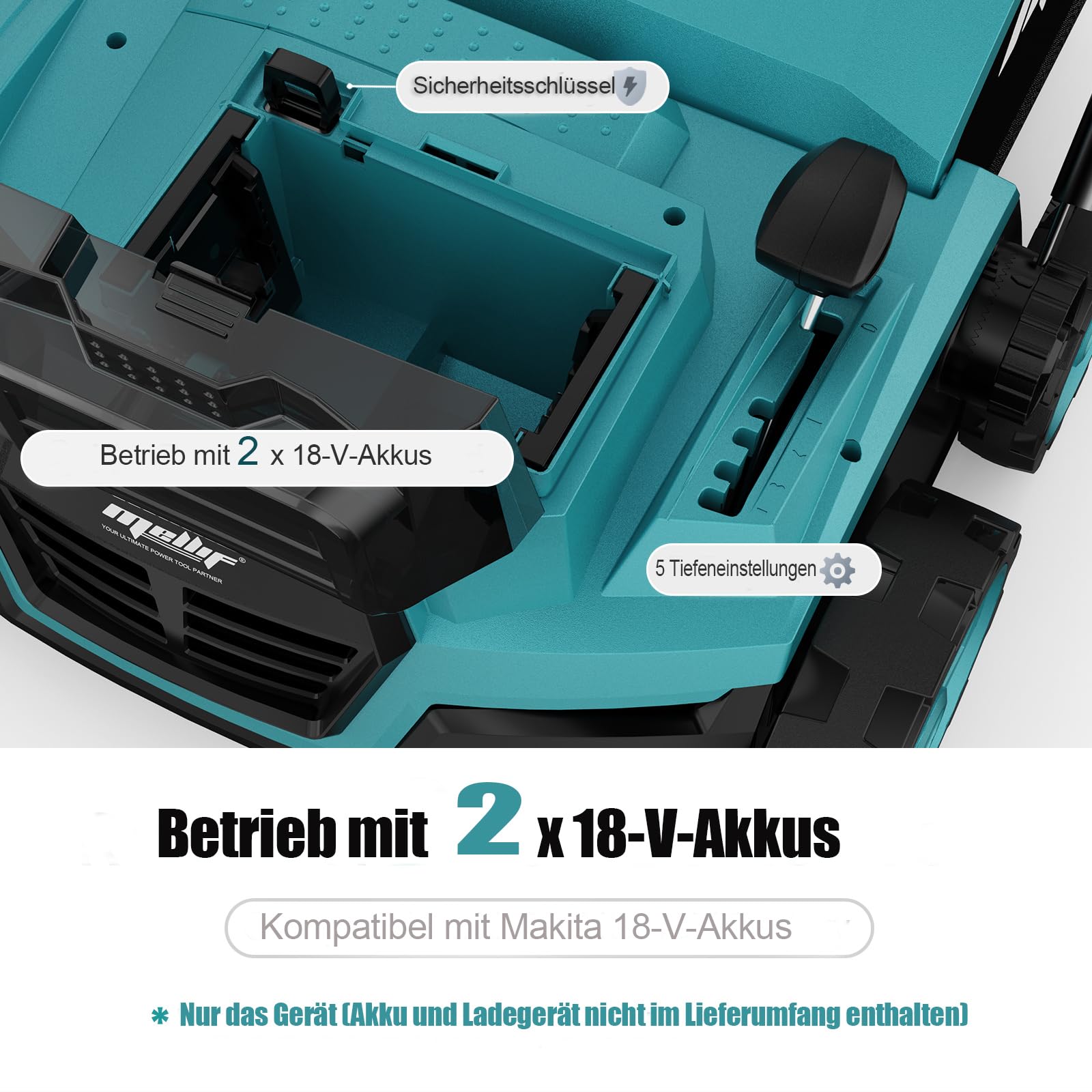 Mellif Akku-Vertikutierer-Lüfter für Makita Akku 18V, 38cm Arbeitsbreite, einstellbare Arbeitstiefe, 45L Fangsack, bürstenloser Motor, klappbar, 2-in-1 Rasenmäher & Lüfter, inkl. Zubehöre (Ohne Akku)