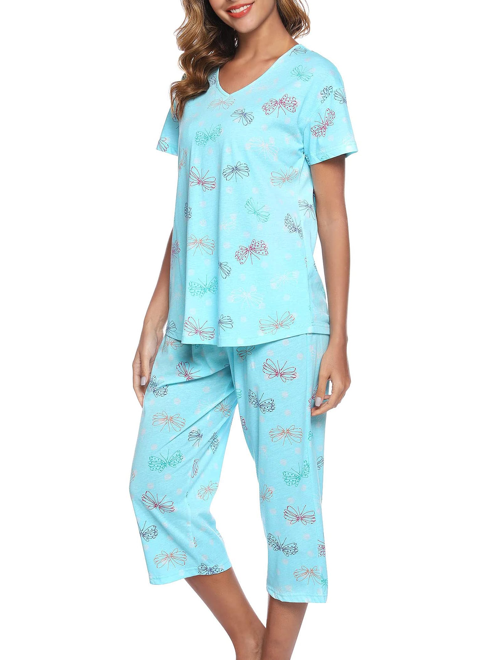MIA LUCCE Schlafanzug Damen Zweiteiliger Pyjama Sommer Nachtwäsche Kurz Baumwolle Hausanzug Capri Sleepwear Oberteil und 3/4 Hose S-XXL