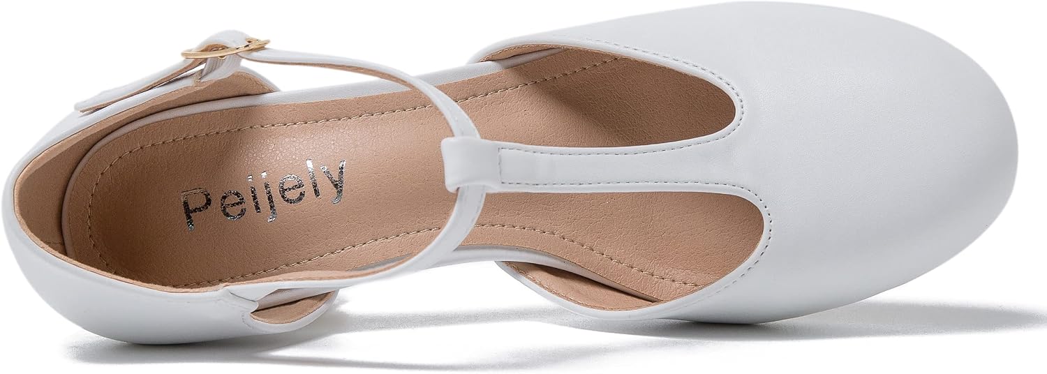 Women's T-Strap Mary Jane Pumps, Block Heel, Closed Toe, Dress Shoes with Buckle