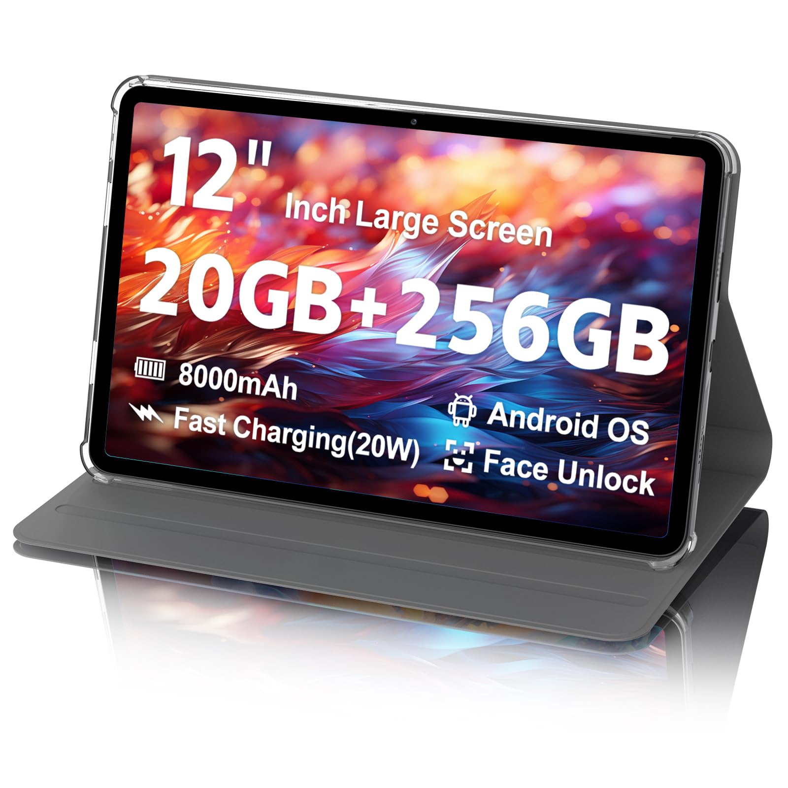 2025 Android Tablet, 12 inch 2K Large Screen Tablet with Case, 20GB RAM 256GB ROM, T616 2000x1200 Touch Screen, 5MP+15MP Dual Camera, Type-C Port, 20W PD Fast Charge, 8000mAh Battery, Metal Grey-image-10