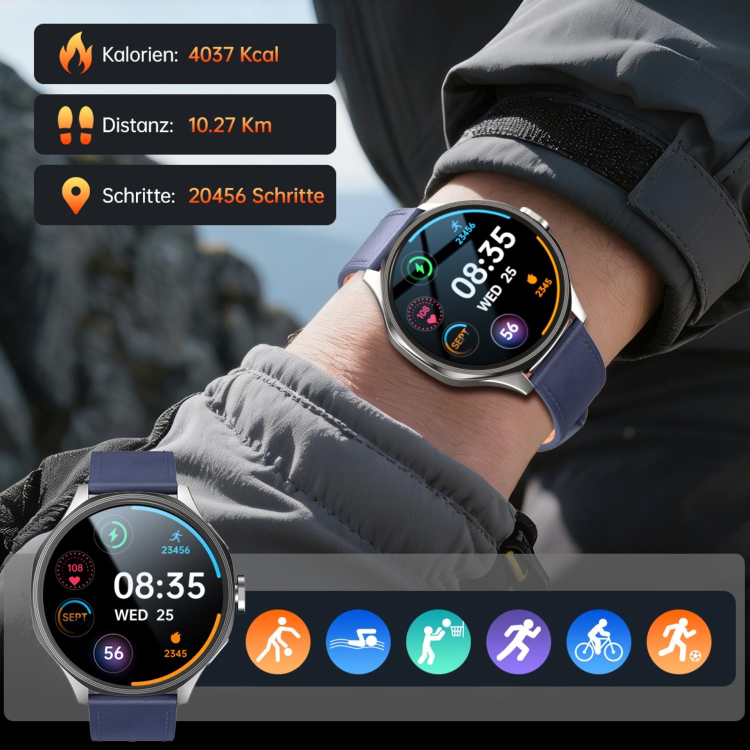 Smartwatch mit SIM-Steckplatz & 180° Drehbarer Kamera,1,73" HD-Touchscreen Android-Smartwatch,entsperrtes 4G GSM für Eigenständige Anrufe,GPS,Herzfrequenz Fitnessuhr,800mAh,3GB RAM+32GB ROM,Silber