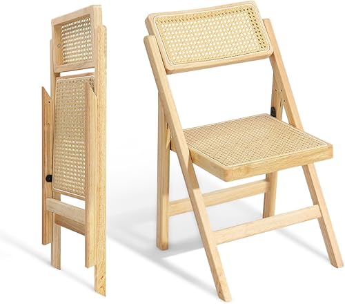 VINGLI Paquete de 2 sillas plegables de madera de ratán, silla plegable de comedor con respaldo giratorio de 360, marco de madera de caucho