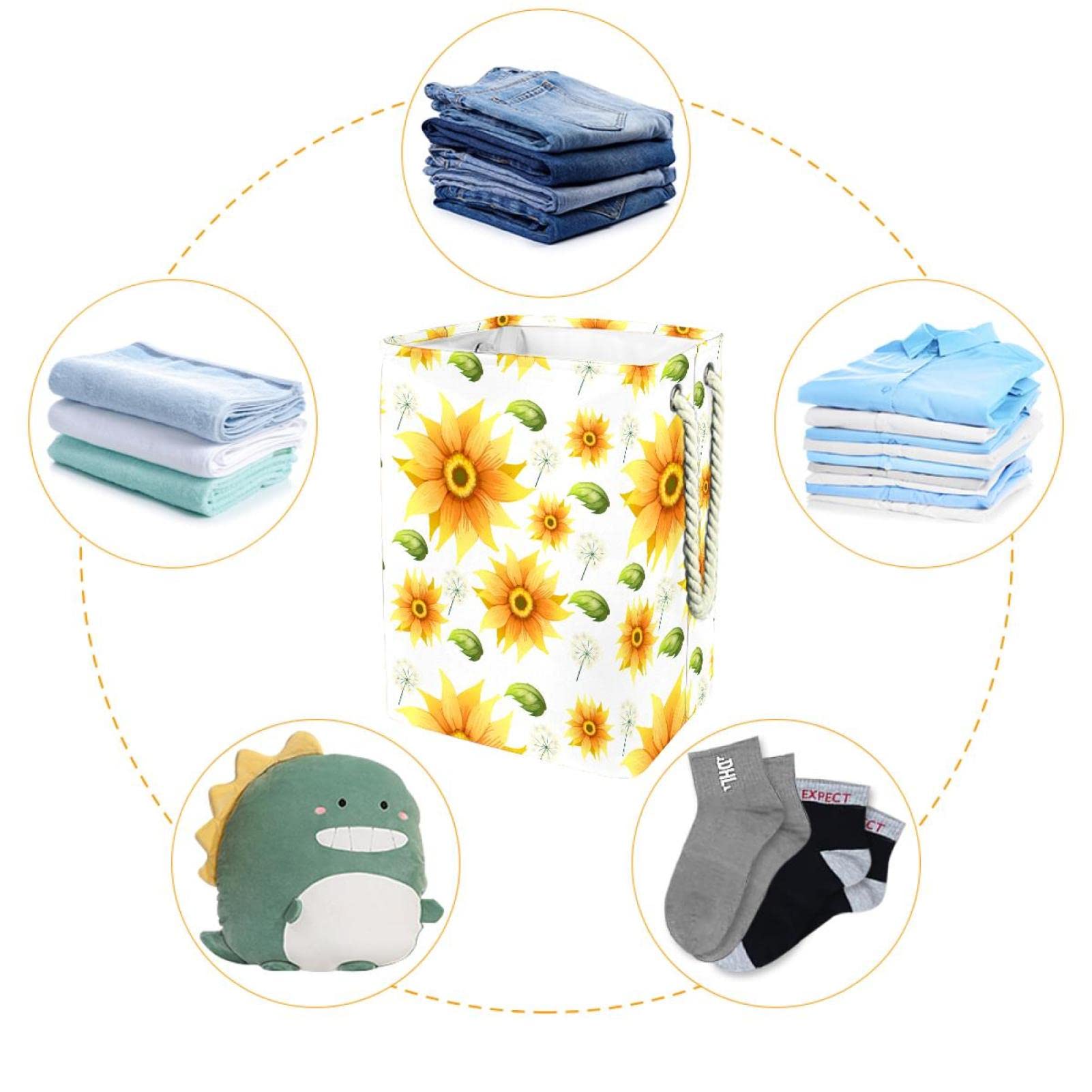 Cesta impermeable para la colada, cesta para ropa sucia con asa, hermoso patrón de flores de girasol