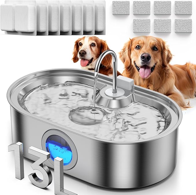 3.4Gal Dog Water Fountain for Large Dogs, 13L Stainless Steel Large Pet Fountain with Deeper & Wider Drinking Area, Automatic Dog Water Bowl Dispenser with Water Window & LED (Filters)