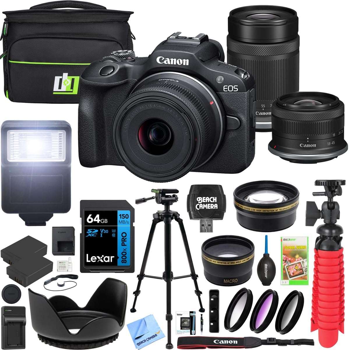 Canon EOS R100 Mirrorless Camera Body with 2 Lens Kit RF-S 18-45mm is STM and 55-210mm is STM 6052C022 Bundle with Deco Gear Bag + 2 Battery +Tripod + Filters + Wide Angle & Telephoto Lenses & More