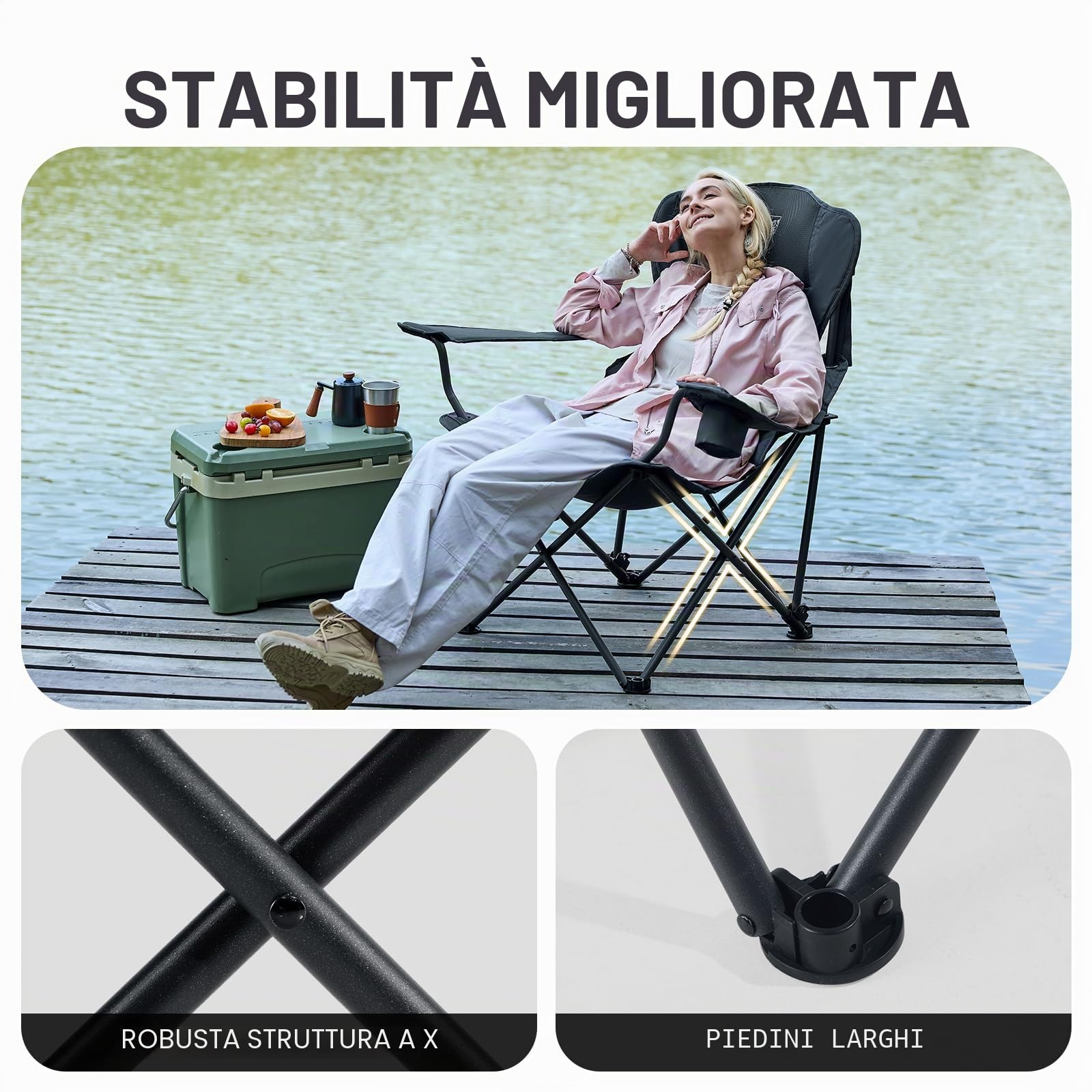 TIMBER RIDGE Sedia da campeggio pieghevole 180 kg schienale regolabile 3 posizioni sedia imbottita da pesca larghezza seduta extra 62 cm con tasca laterale e portabicchieri