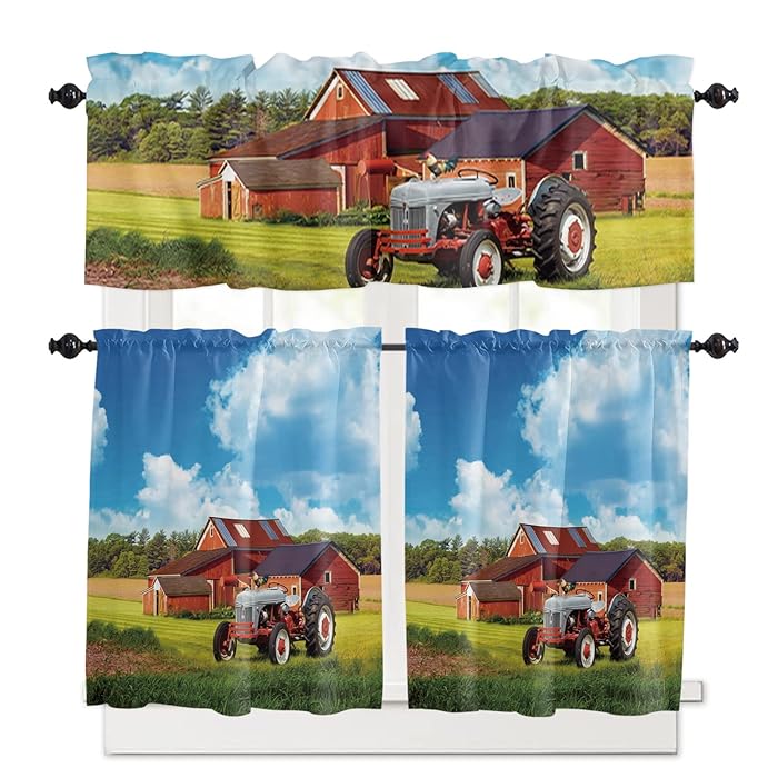 Buy 3 Piece Farm Tractor House Kitchen Curtains, Tier and Valance Rod Pocket Window Curtains Set