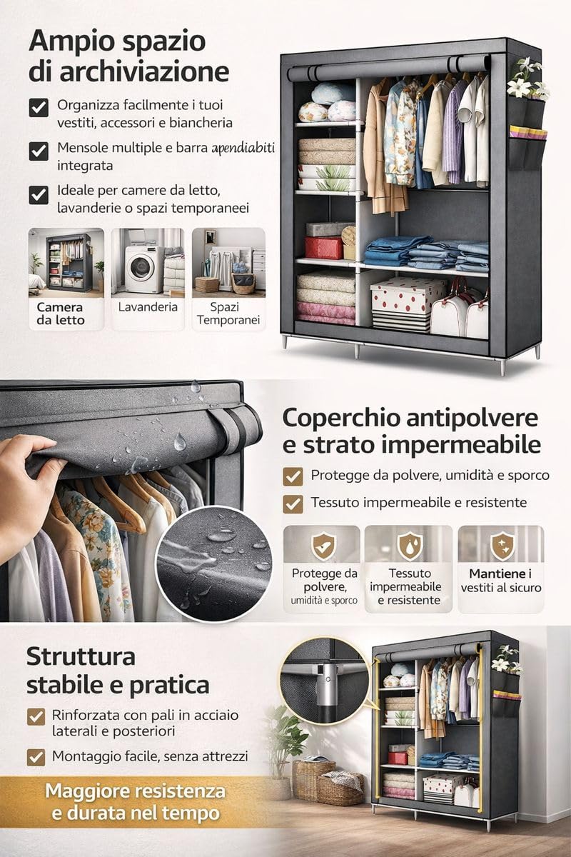 Armadio Guardaroba in Tessuto 105x45x170 cm – Struttura Rinforzata in Acciaio, Antipolvere e Impermeabile, Armadio Portatile con Ripiani e Asta Appendiabiti, Facile da Montare (Grigio)
