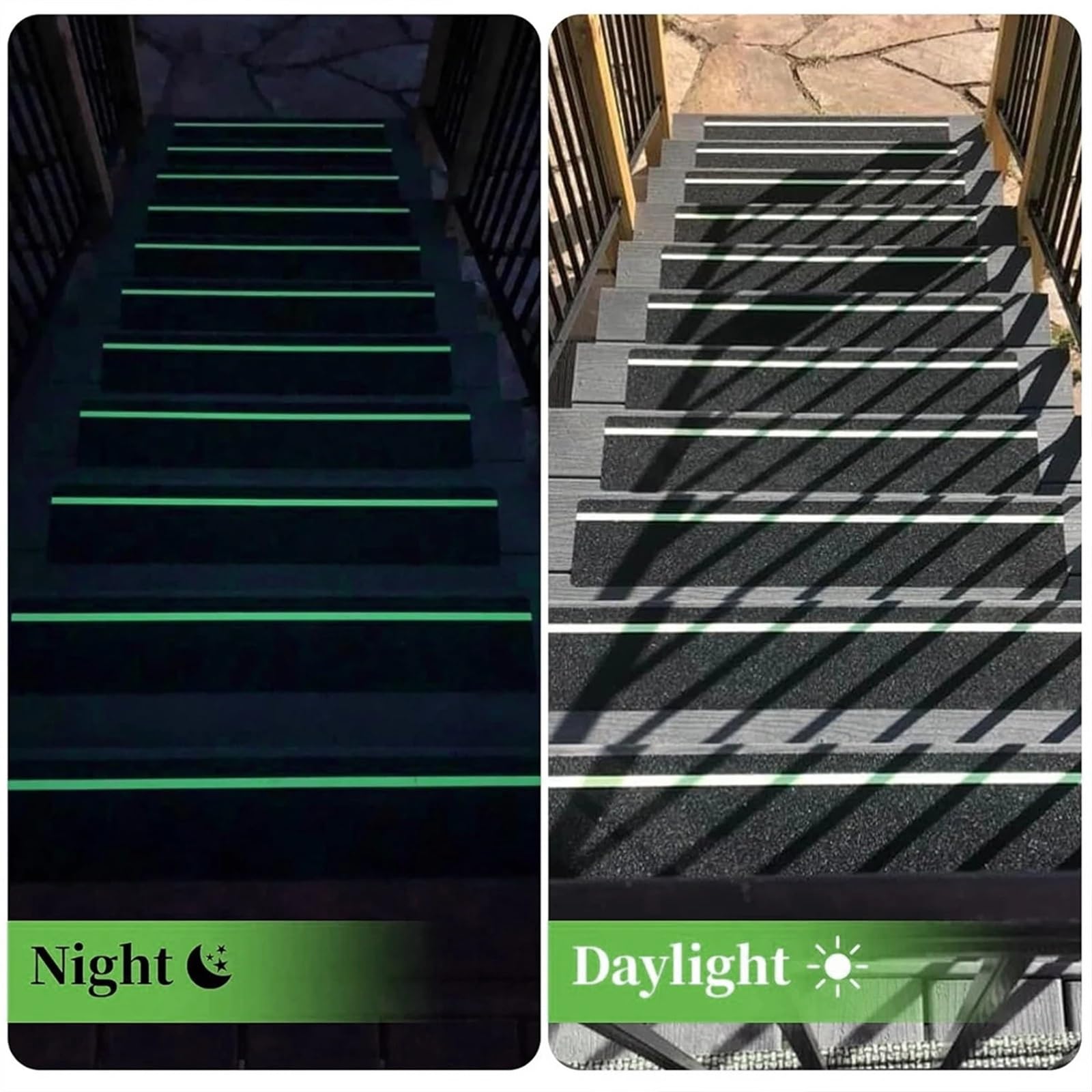 Cinta Antideslizante Cinta de tracción antideslizante que brilla en la oscuridad, con rayas verdes y adhesivo abrasivo de fricción for escalones de escalera, for interiores y exteriores.(Black 10pc)