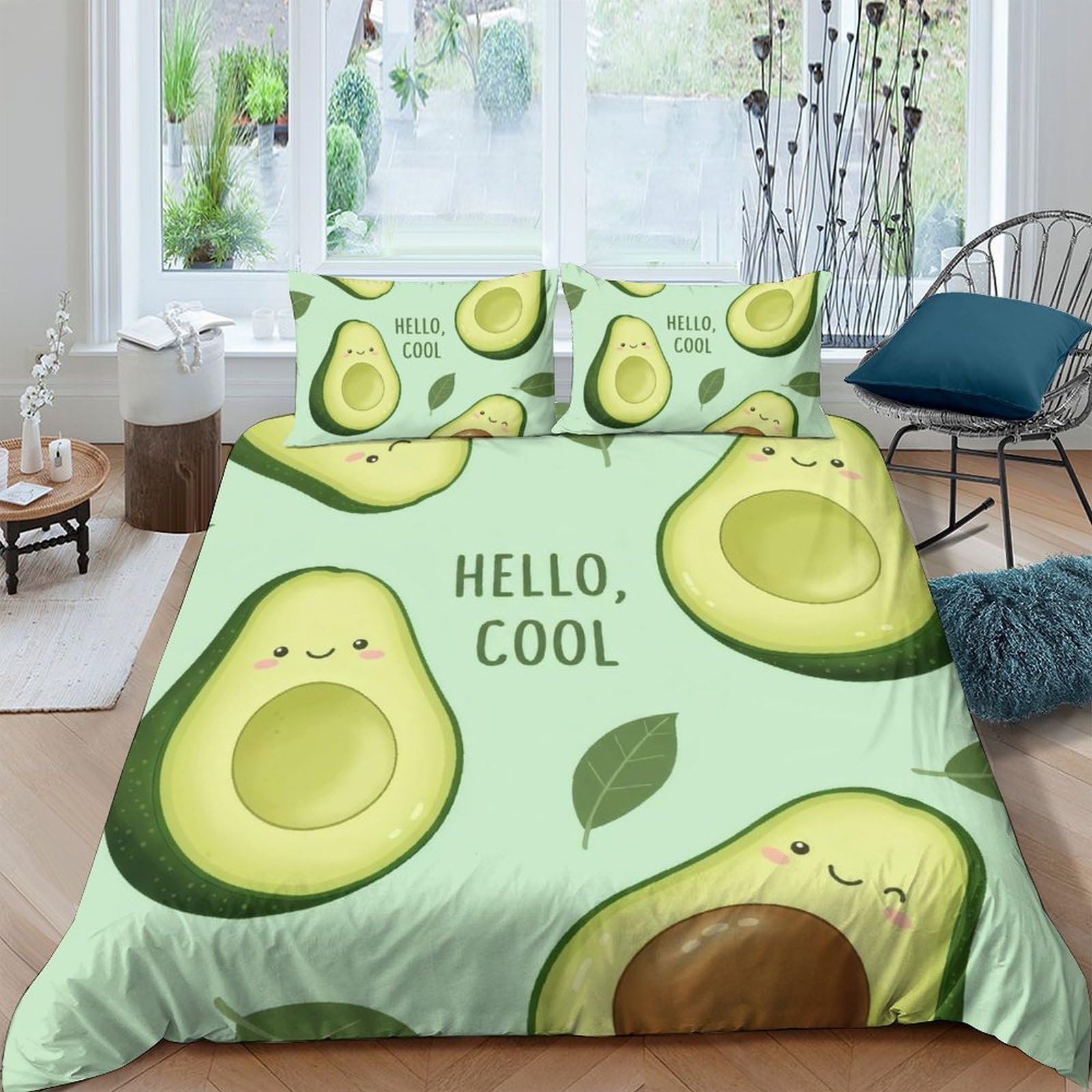 GPLZQXKJNH 3D Printed Cute Avocado Duvet Cover Microfiber Soft Breathable Cartoon Fruit Bedding Set with 2 Pillowcases for Bedroom Decor Single（135x200cm）