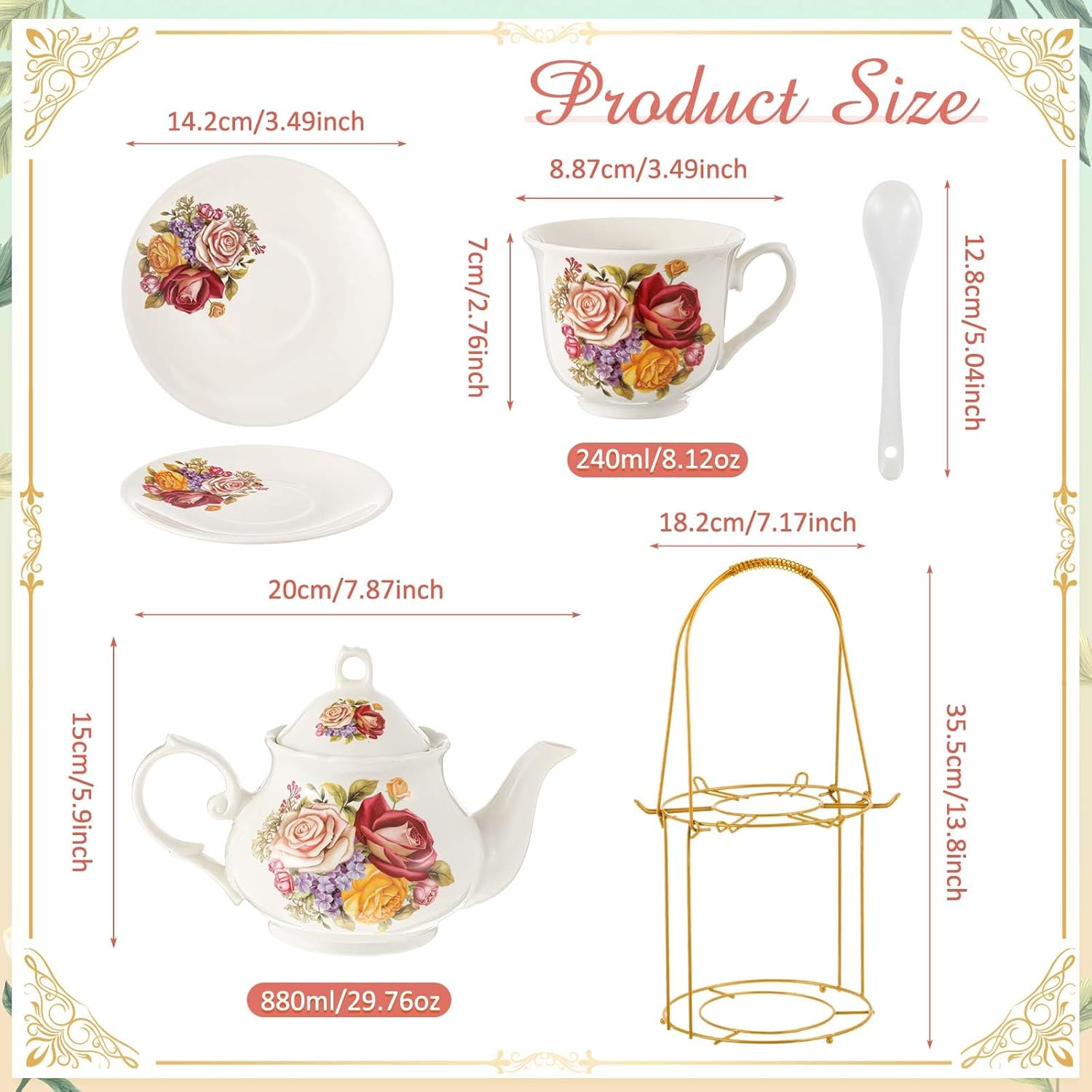 Zhehao 20 Pcs Porcelain Tea Set with Metal Holder and Spoon Adult Ceramic Tea Set European Flower Painting Teapot Cup Saucer Spoon for Women, Large Version(Styleish Style)