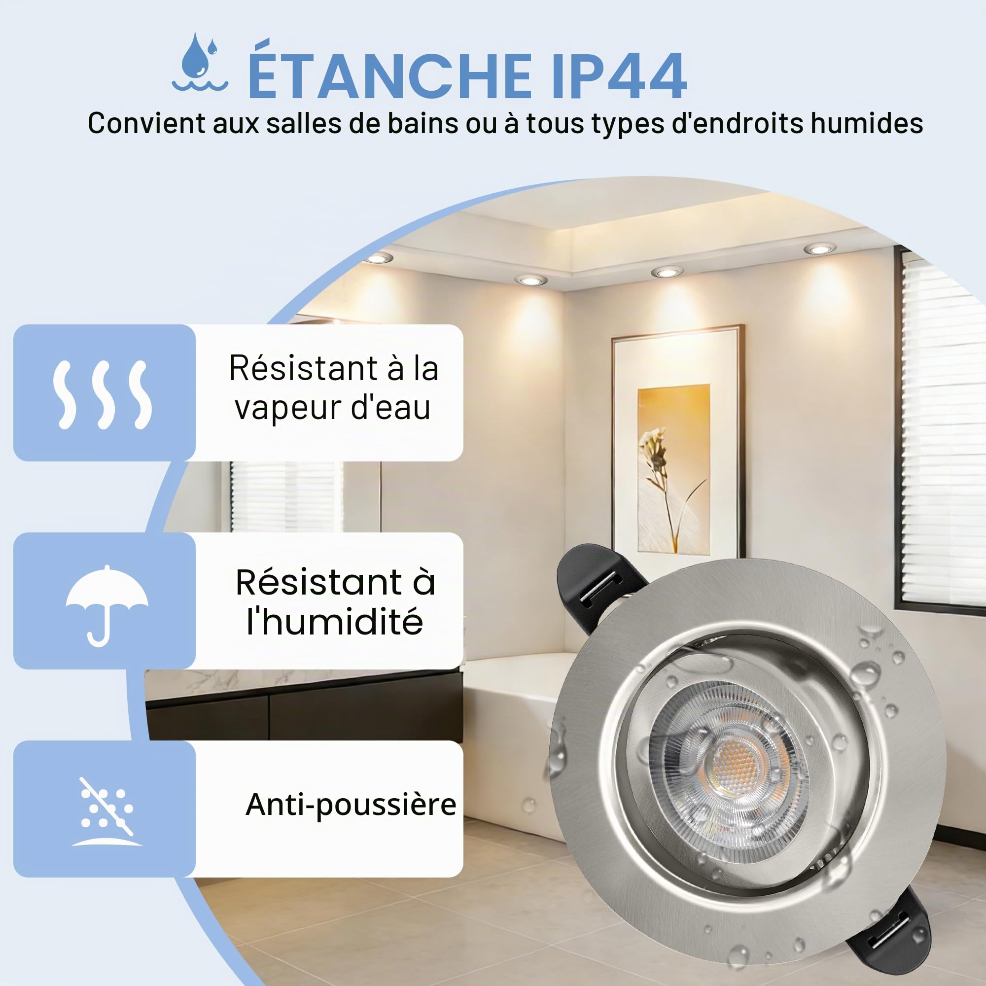 Spot LED Encastrable Dimmable 220V, 5.5W 600LM IP44 Spots LED Encastrable Extra Plat 68mm, 45° Orientable Spots de Plafond 2700K Blanc Chaud Spot Salle de Bain, Nickel Brossé Lot de 6