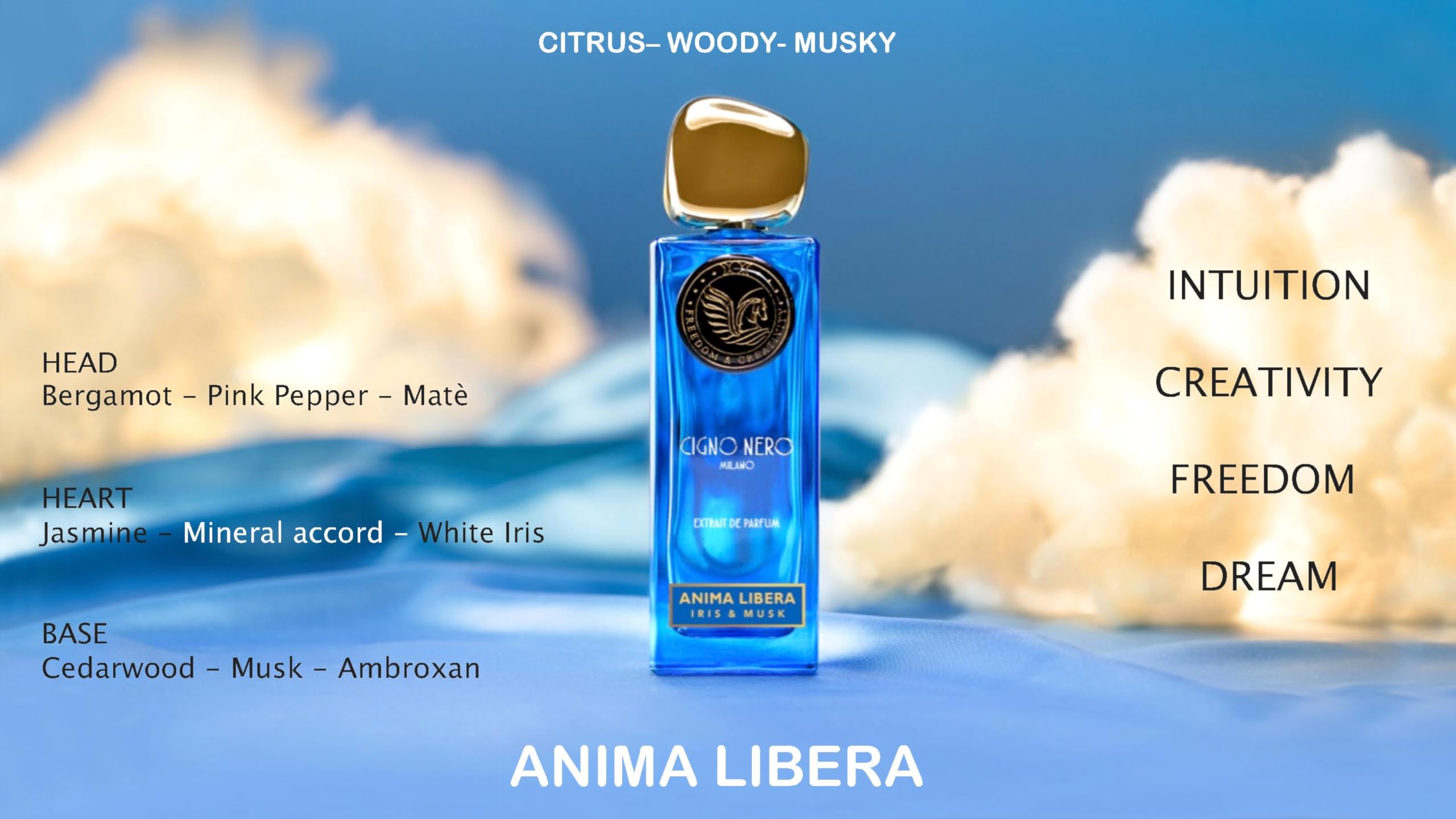 Eau de Parfume ANIMA LIBERA Cigno Nero Milano. Włoski ekstrakt zapachowy Unisex dla kobiet i mężczyzn 50 ml. Nuty zapachowe: cytrusowy, drzewny, piżmowy