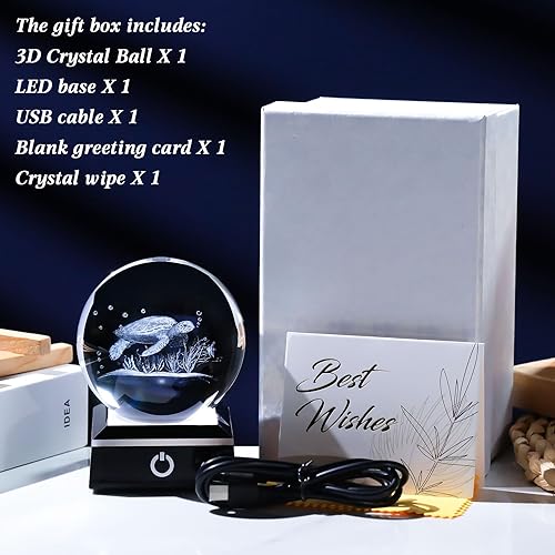 Miniatura 7 de Enjinkail Bola de cristal 3D, tortuga marina, regalos para mujeres y hombres, adorno de globo de nieve con base LED, luz nocturna grabada con láser,