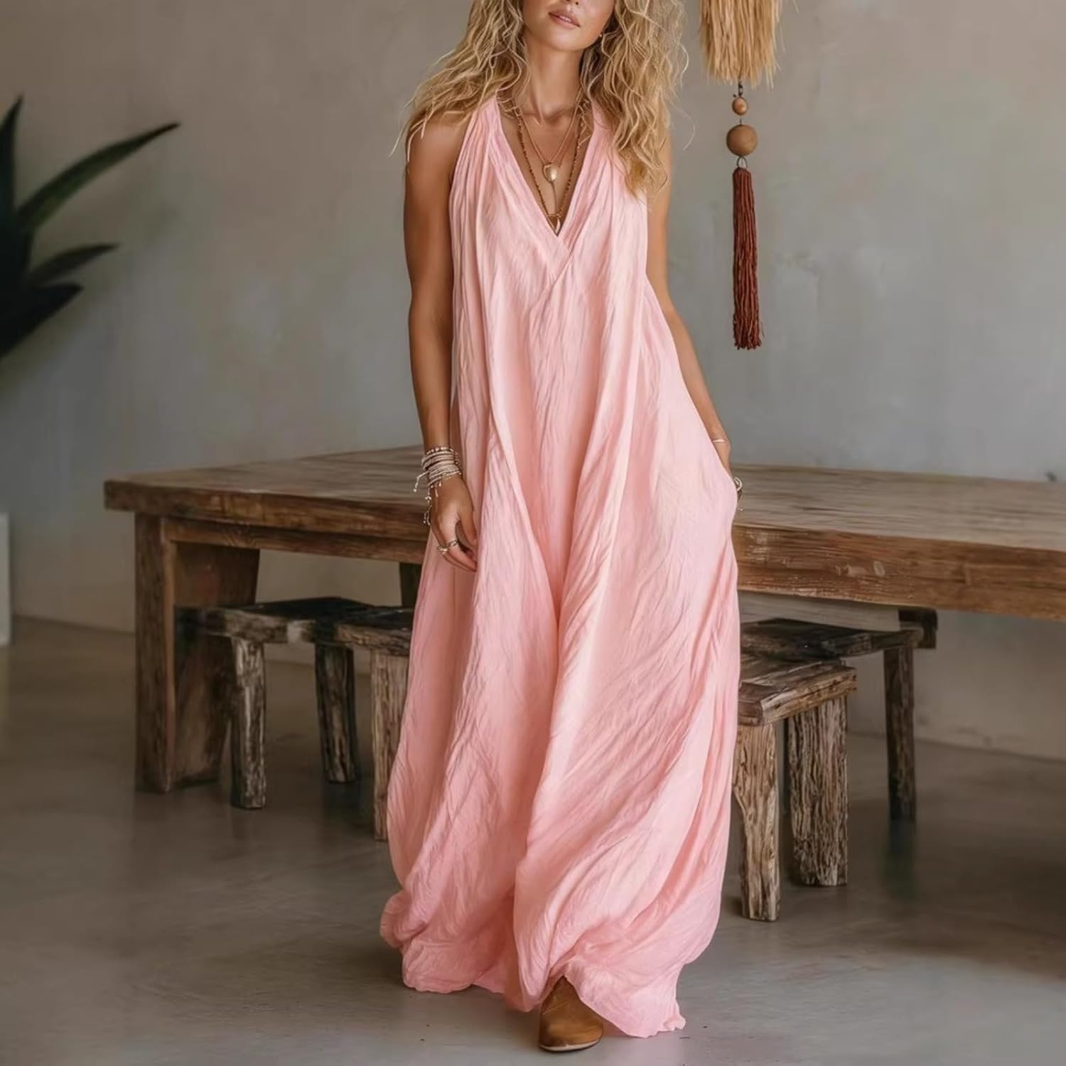 Aoleaky Women's Sleeveless Loose Fit Linen Maxi Dress, Casual Long Tunic Dress