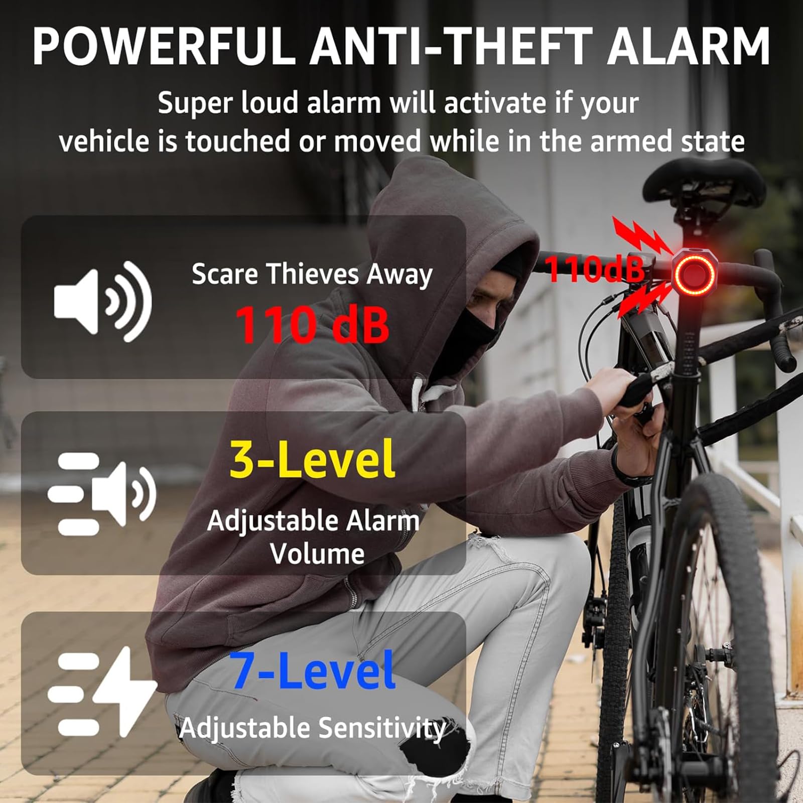 NineLeaf - Fanale posteriore per bicicletta con allarme e telecomando, ricaricabile, antifurto, impermeabile IP65, con sensore di luce intelligente del freno, luce posteriore automatica on/off