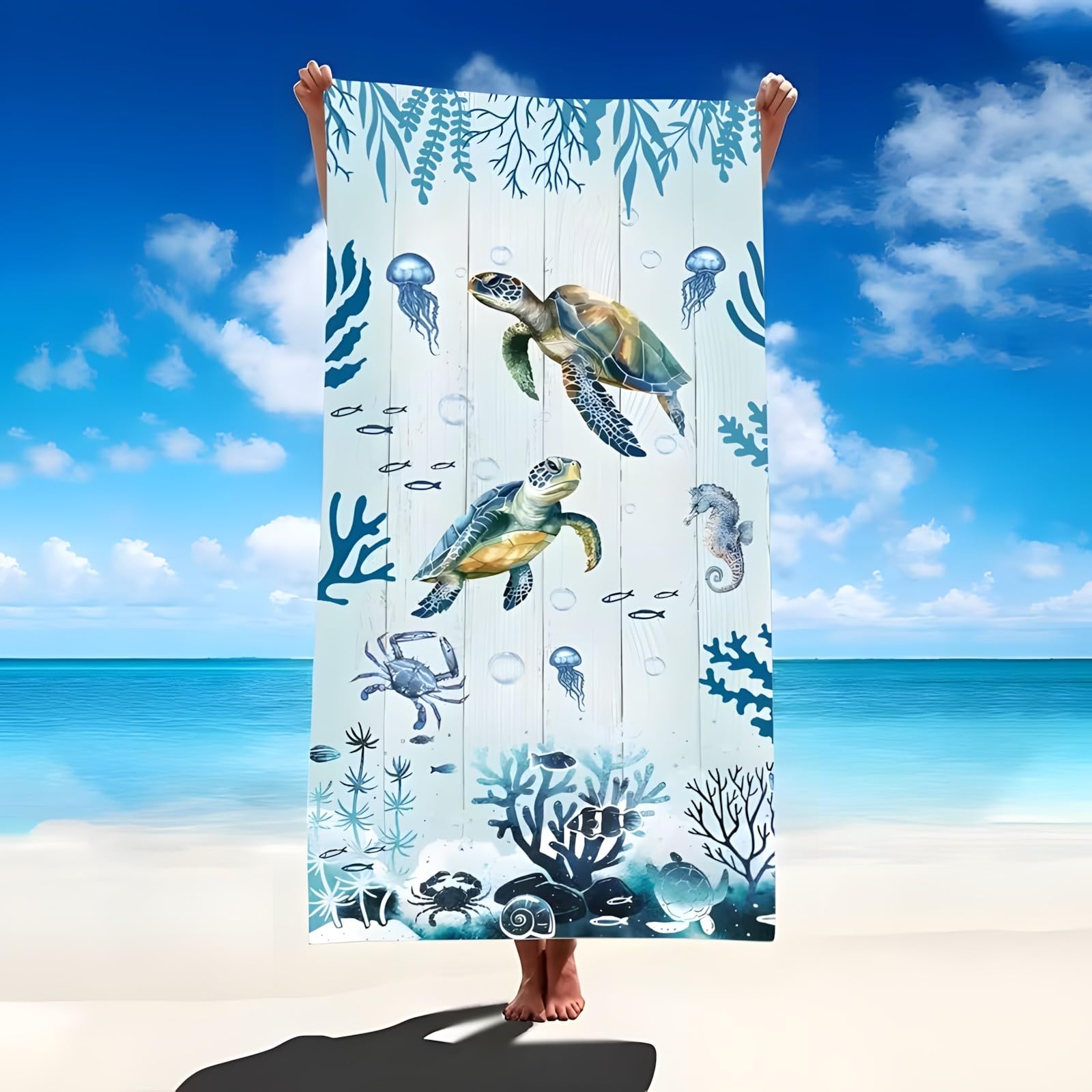 YZQGLHP Ocean Sea Turtle Microfibre Beach Towel Seaweed Beach Bath Towel Quick Drying, Lightweight, Sand-Free, Durable, for Pool, Gym, Camping, Travel Towel 90x200cm