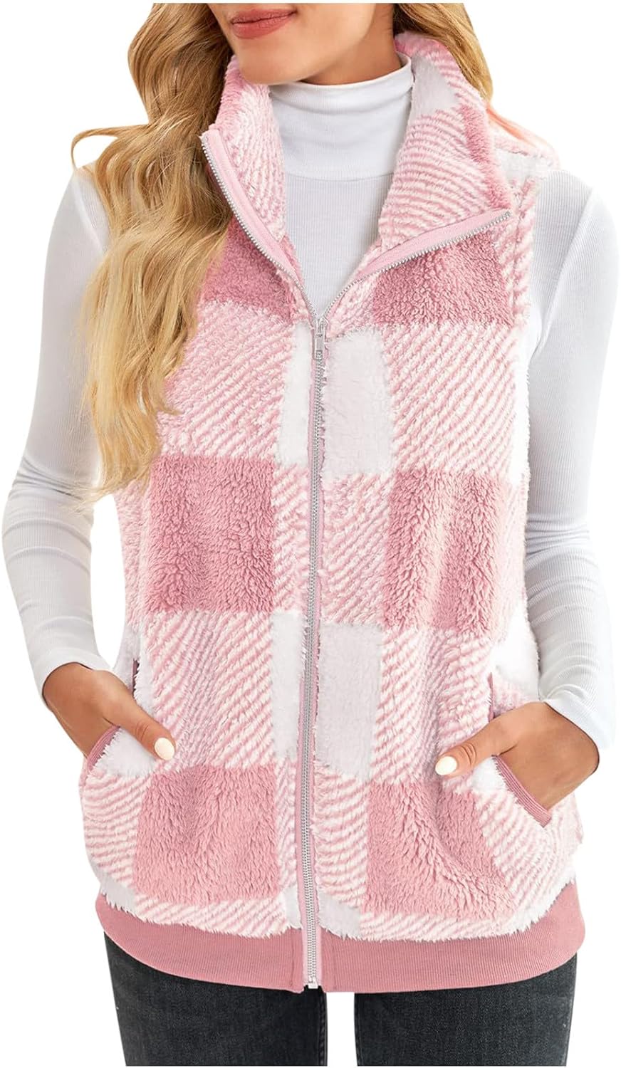 Aymnlox Zipper Vest for Women Plaid Printed Plush Coats Lapel Collar Sleeveless Fleece Jackets with Pockets Open Front Coat 3X-Large #04 Pink - Image 1 of 5